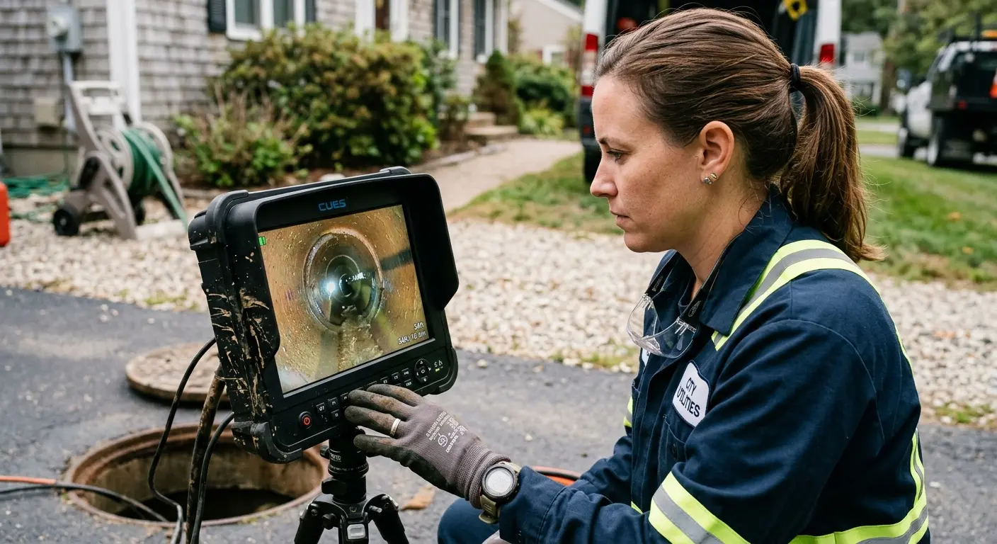 Technician reviewing sewer camera inspection footage in Gaithersburg