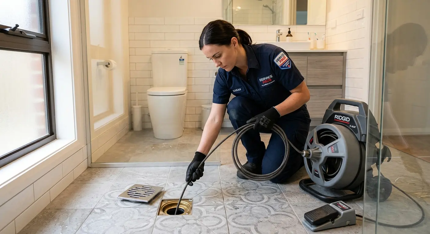 Technician clearing a bathroom floor drain for Drain Cleaning in Gaithersburg